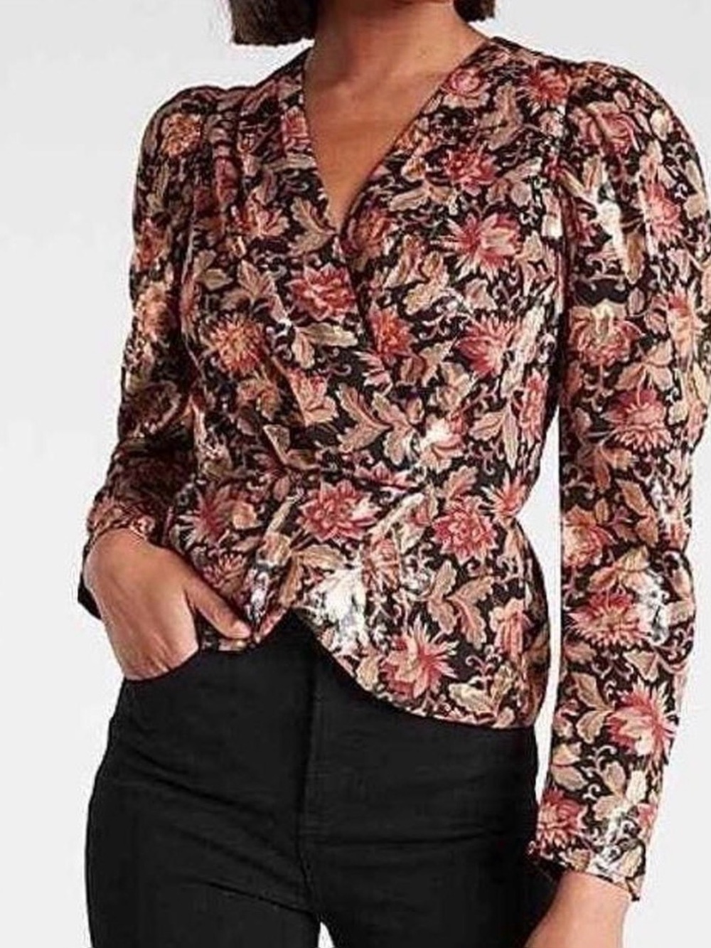Express Floral Wrap Blouse in Black, Gold & Rose